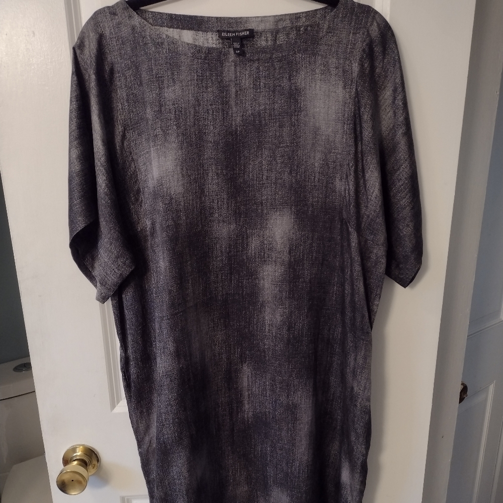 Eileen Fisher Silk Shift Dress Size Small Grey and Black Short Sleeve